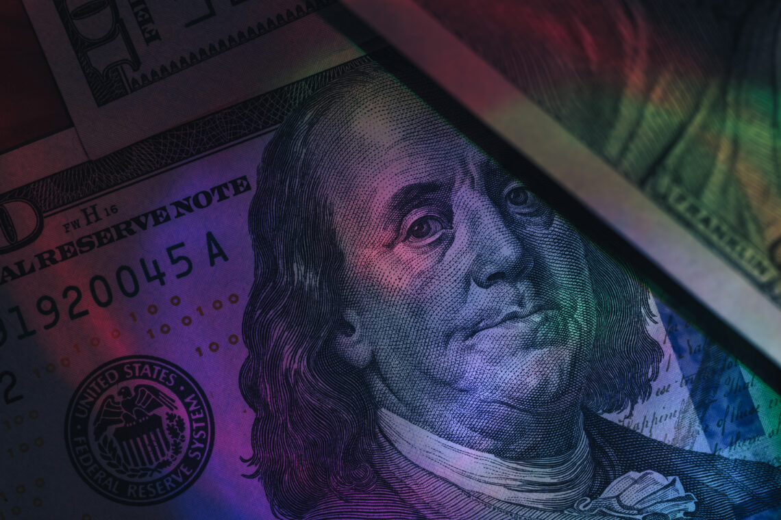 Close up Franklin's face on a one hundred dollar. American, US Dollars Cash Money background.